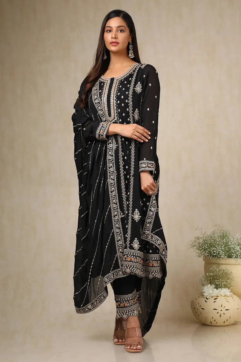 Black Chinon Embroidered Anarkali Suit Set With Sequins